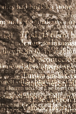 Words from the story of the Tower of Babel colliding against a stone background.